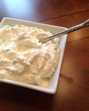 Savory Cream Cheese Spread in a square bowl