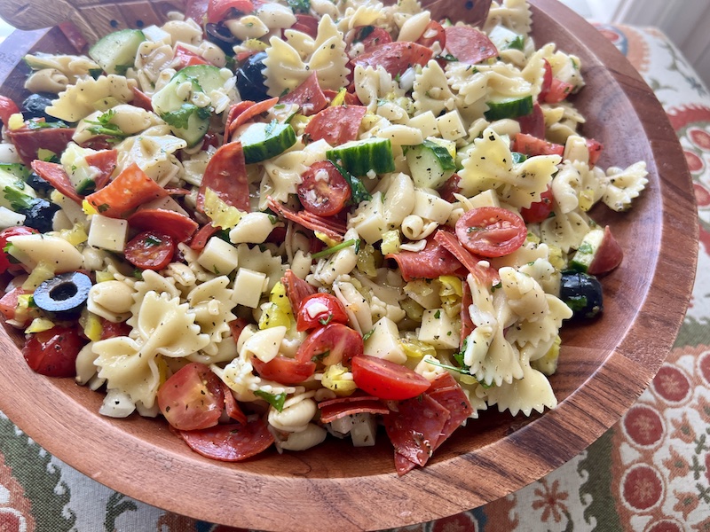 Classic Italian Pasta Salad in a wood bowl